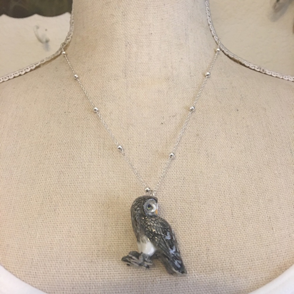 Ceramic owl pendant silver plated chain necklace